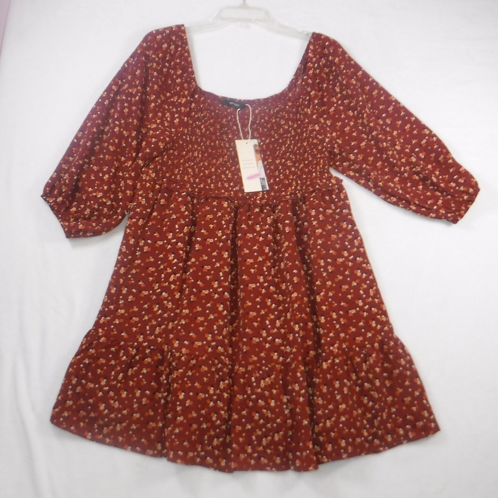 Dokotoo Womens Large Rust‎ Ditsy Floral Smocked Tiered Mini Dress Boho